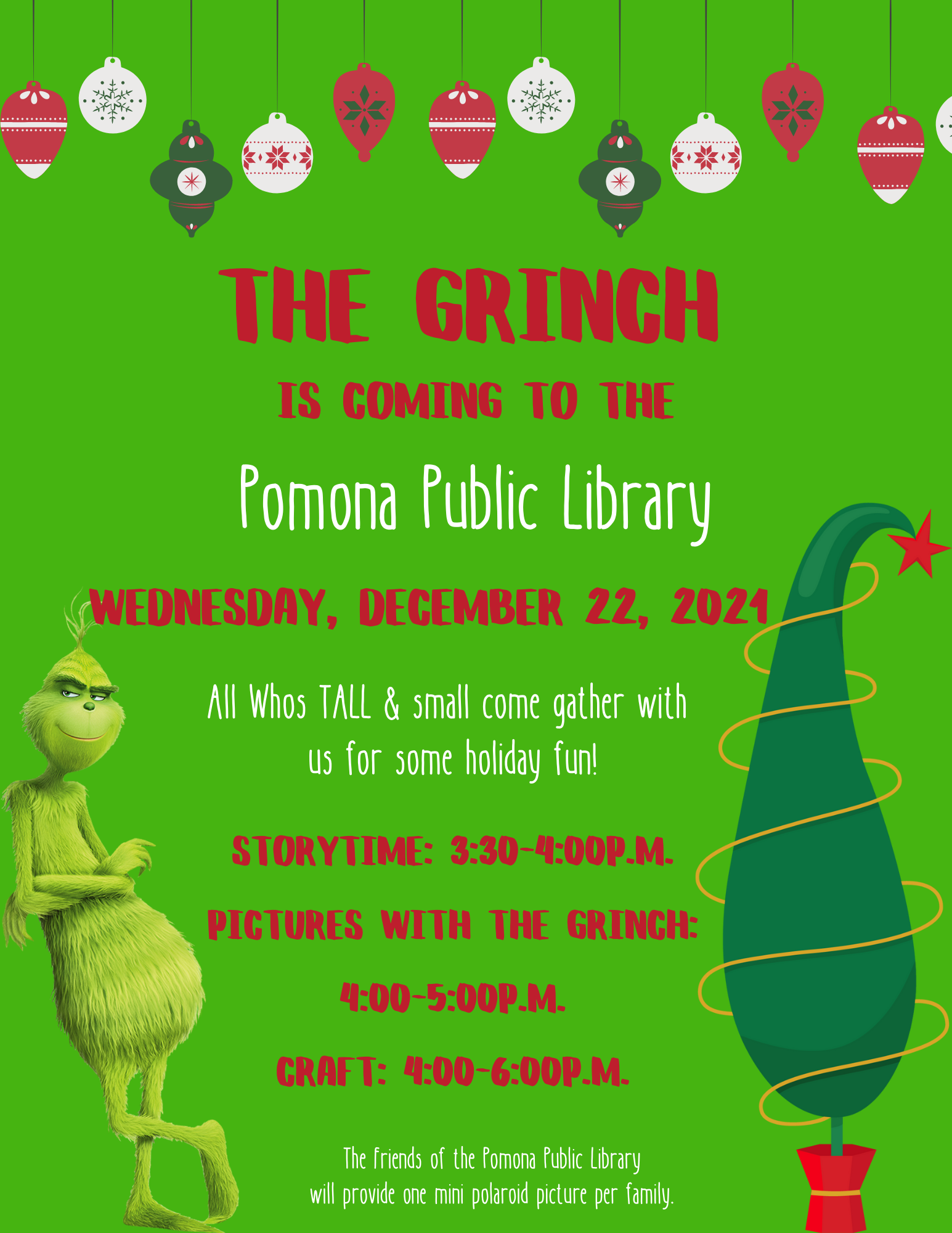 The Grinch is coming to the Pomona Public Library 12.22.2021