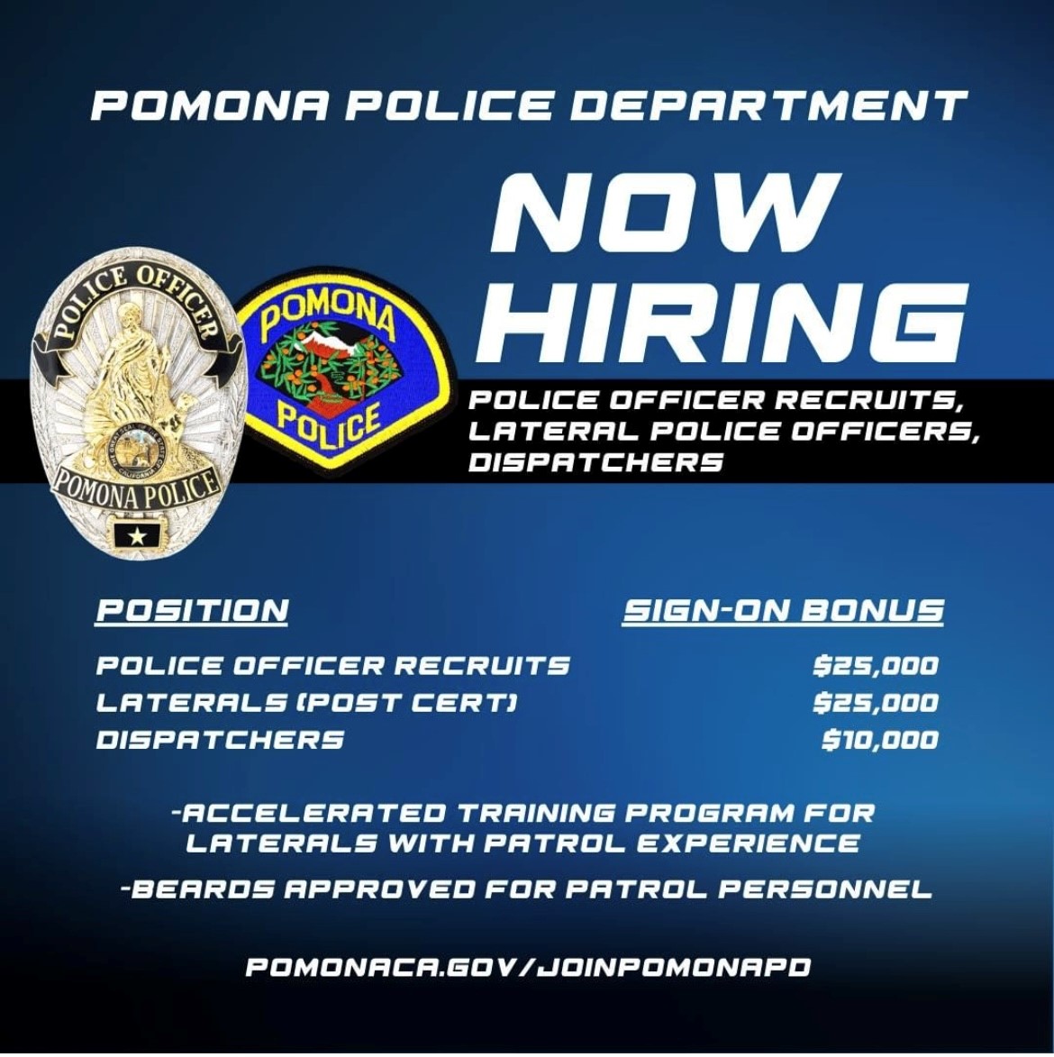 blue poster, pomona police department hiring police recruits, dispatchers, and laterals