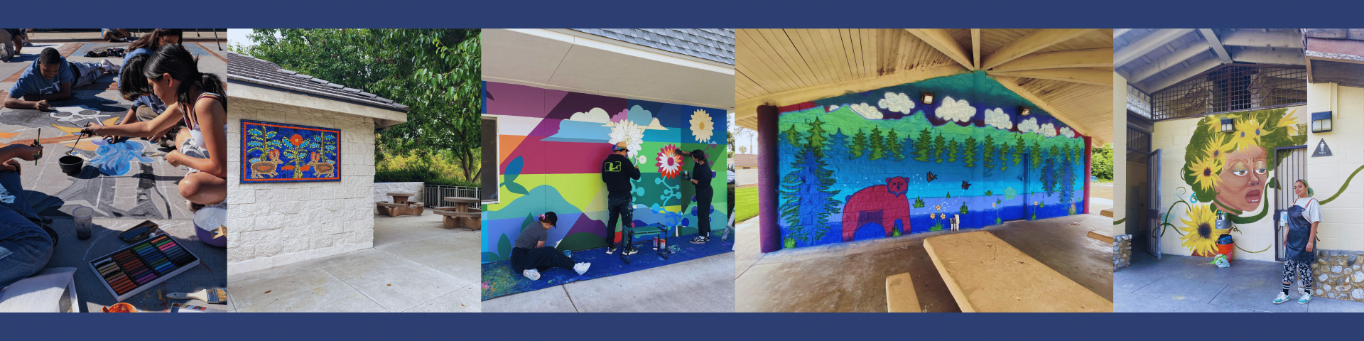4 images of Pomona art. From left to right we see kids painting the ground, color blue mosaic art hanging on a building, adults painting a large mural, and then a big color mural of a bear in the woods