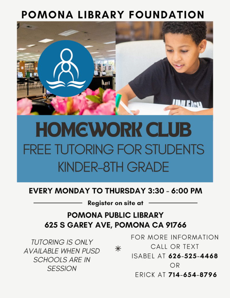 Homework Club - Free Tutoring for students Kinder-8th Grade Every Monday to Thursday 3:30 - 6:00pm