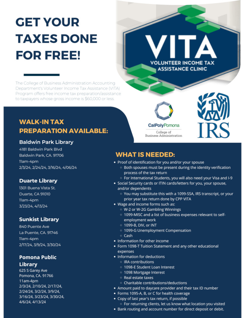 Get Your Taxes Done For Free! VITA (Volunteer Income Tax Assistance) Clinic at the Pomona Public Library