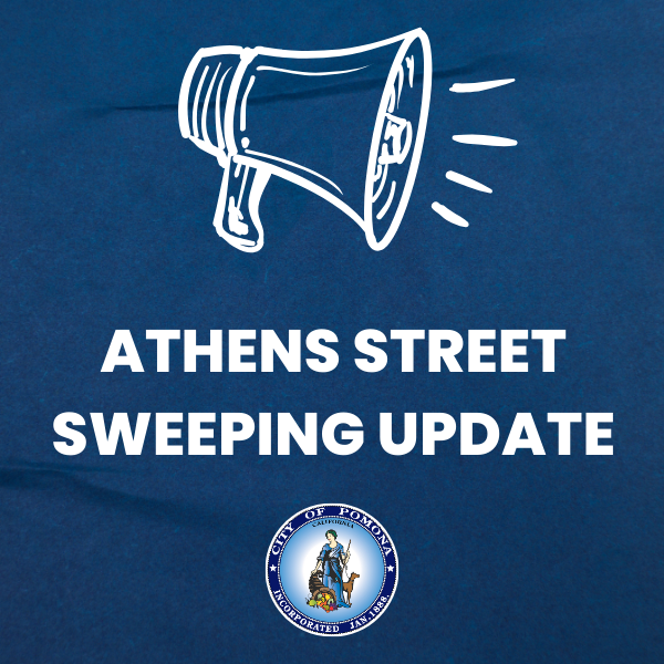 blue background with a white megaphone graphic and white text that reads: athens street sweeping update