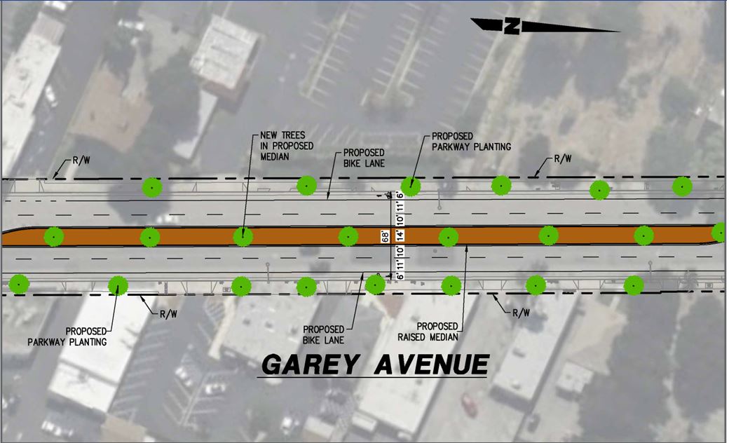 Garey Ave Conceptual, proposed medians, proposed bike lanes, proposed parkway planting