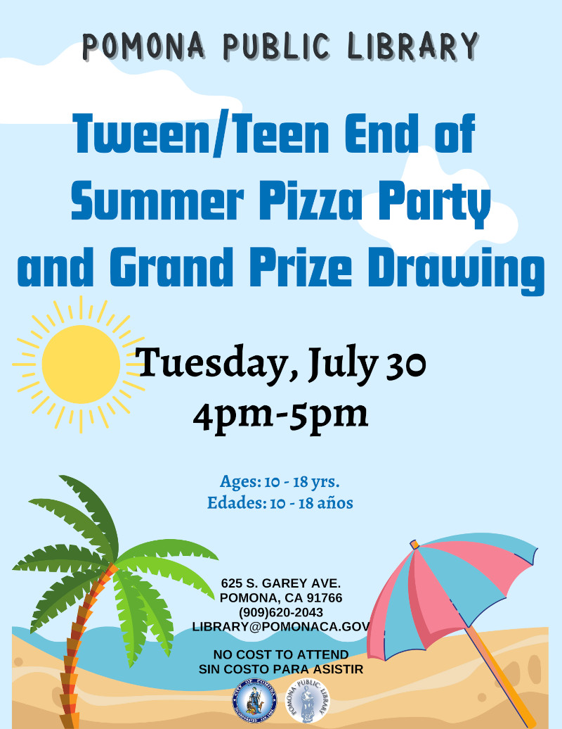 Join us for pizza, games, and our Teen/Tween Summer Reading Grand Prize Drawing!